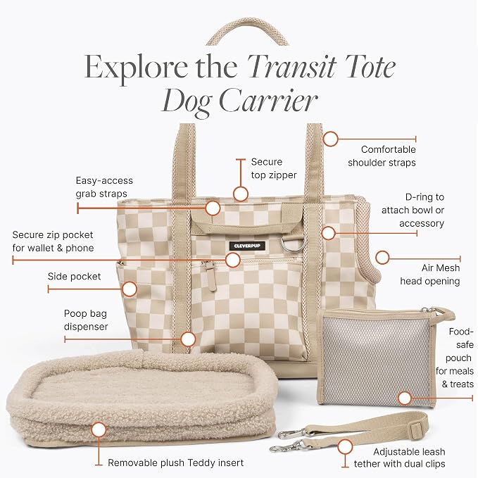 Transit Tote Dog Carrier for Small Dogs Under 8 lbs, 16x11x8 Soft-Sided 4-Pc Set with Waterproof Base, Plush Insert, Food Pouch, Mesh Head Opening - Small, Checkerboard