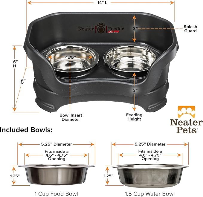 Neater Pet Brands Neater Feeder Deluxe Mess Proof Cat Bowls Elevated, Made in USA, No Spill Raised Bowls for Indoor Cats, Stainless Steel Food and Water Bowl Set, Pet Dish Feeding Station, Black