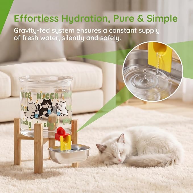 Gravity Cat Water Fountain No Electricity, 2.3L/77oz Cat Water Dispenser, Glass Water Bowl with Stainless Steel Basin, 0 Noise, Dustproof, Easy to Clean, for Indoor Cats & Small Pets
