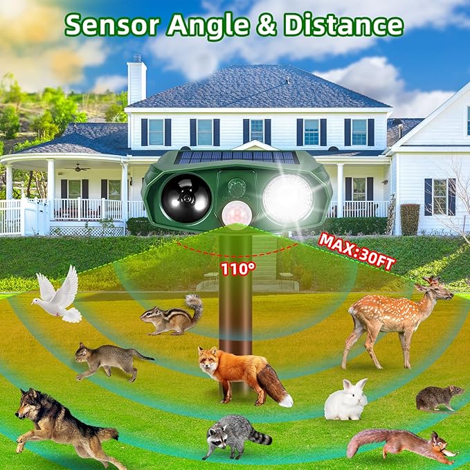 Solar Animal Repellent Outdoor, 4 Pack Ultrasonic Deer Deterrent Devices with Motion Sensor, Garden Deterrent for Cats Squirrels Rabbits Rodents, Waterproof Cat Repellent for Yard