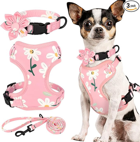 Beirui Cute Dog Collars,Harnesses,Leashes Set, Floral Pattern, Pink-1,XXS | Girl Dog Harness Set with Flower, Adjustable and Soft Mesh Lining, For Puppies Small & Extra Small Dogs Daily Walks