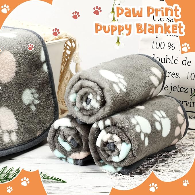 Tatuo 4 Pack Fleece Dog Blankets for Puppy Cats Multi-Size Sleep Mat for Pet Guinea Pig Soft Washable Warm Crate Bed Puppy Teething Toys Print Pattern Blanket Indoor(Dark Gray,41 x 30 Inch,Paw)