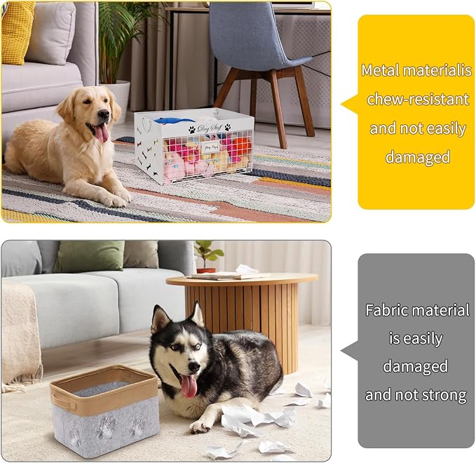Bfttlity Dog Toy Basket Large Metal Toy Box Storage for Dogs Toys, White | Dog Toy Bin with Handles for Living Room Storage Dogs Chew Pets Toys, Blankets, Clothes, Food