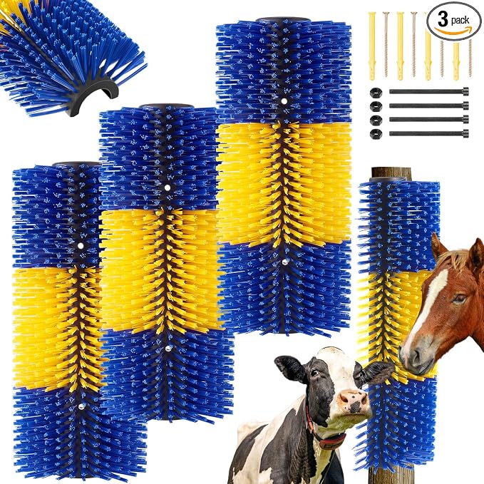 3 Pack Livestock Scratching Brush, Yellow and Blue | Animal Scratcher, Itch Relief Grooming, Horse Goat Cow Scratcher, Fence Post Mounting, Durable Bristles, Farm Livestock Care