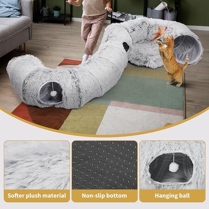Cat Tunnels Bed with 1 Straight Tunnel and 20 Pet Toys - 5 Shapes DIY Indoor Cats Cave - Detachable Soft Cat Donut for Kitten Puppy Rabbit Ferret