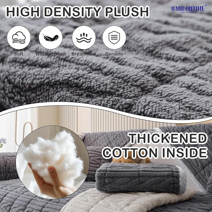 HANDONTIME Fuzzy Dog Couch Cover Washable, Pet-Friendly Sofa Covers Non-Slip Geometric Jacquard Pet Protector Furniture Cover for 3 Cushion Sofa Cozy Fuzzy Dog Mat for Couch (Grey, 35.4" x 94.5")
