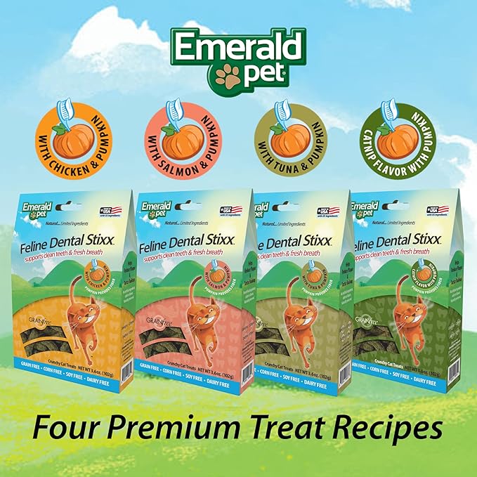 Emerald Pet Grain-Free Tuna Cat Dental Treats – Crunchy Dental Sticks for Cats to Clean Teeth, Reduce Plaque & Tartar, Freshen Breath – Pumpkin for Digestive Health, Natural Cat Chews, 3.6 oz