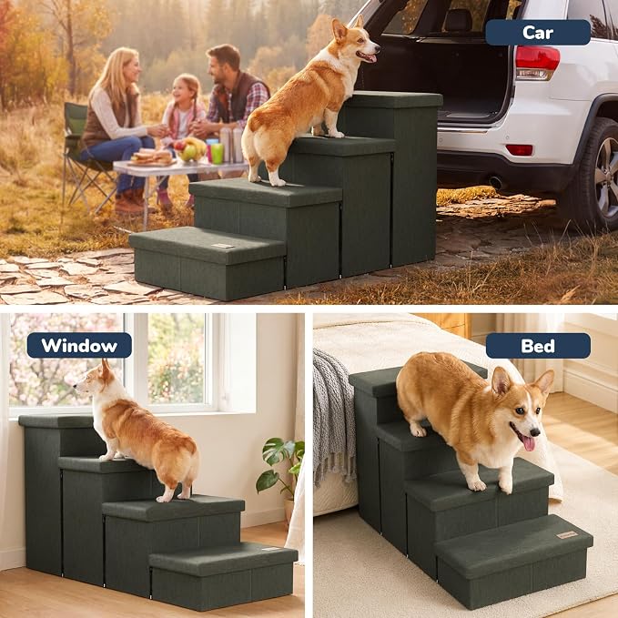 4-Step Wide Dog Stairs with Storage 23" H, Non-Slip Sturdy Pet Steps for High Bed Couch Window, Pet Stairs for Small/Medium/Large Old Dogs Cats Up to 220lbs, Cat Dog Steps for Car, Grey Green
