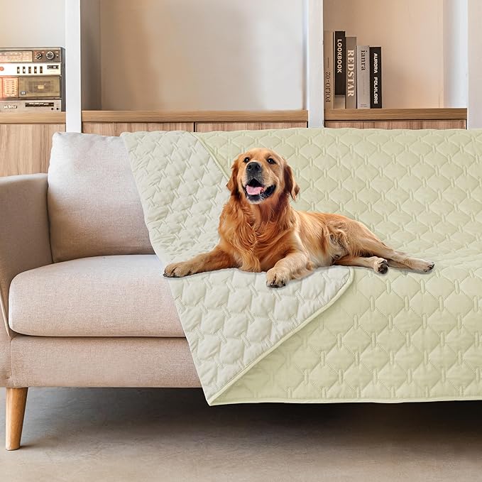 gogobunny Waterproof Dog Blankets for Large Dogs, Pet Bed Cover Breathable | Washable Pee Pads, Quilted Throw Blanket, Furniture Protector for Couch Sofa Bed Car, 82x82 Inch Dark/Light Cream