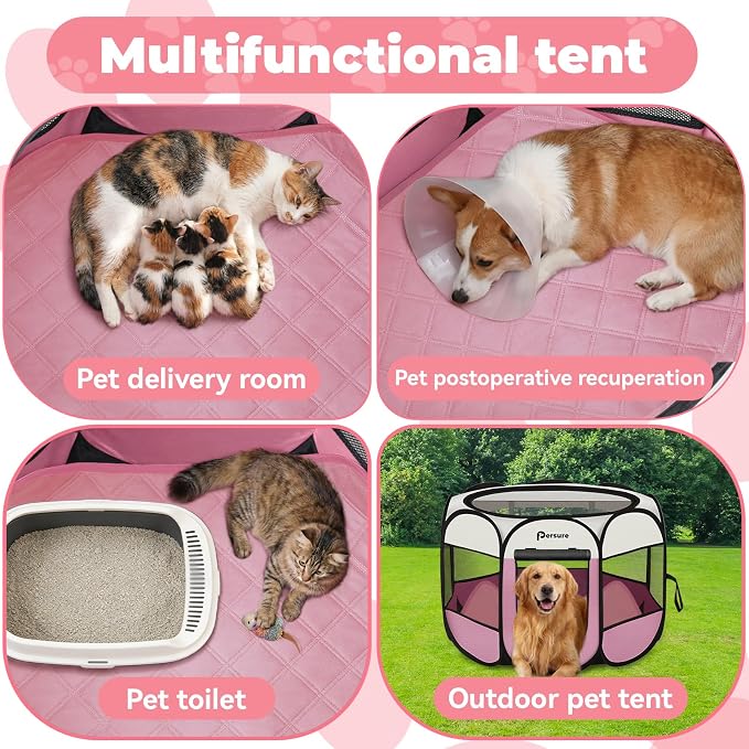 Persure Dog Cat Pet Playpen Puppy Crate Cage for Indoor Outdoor Travel | Nursing Rest Zone Recovering Pet Quarantine Room Portable Pop Up Easy to Set up lightweight (Pink with Pad, Large)