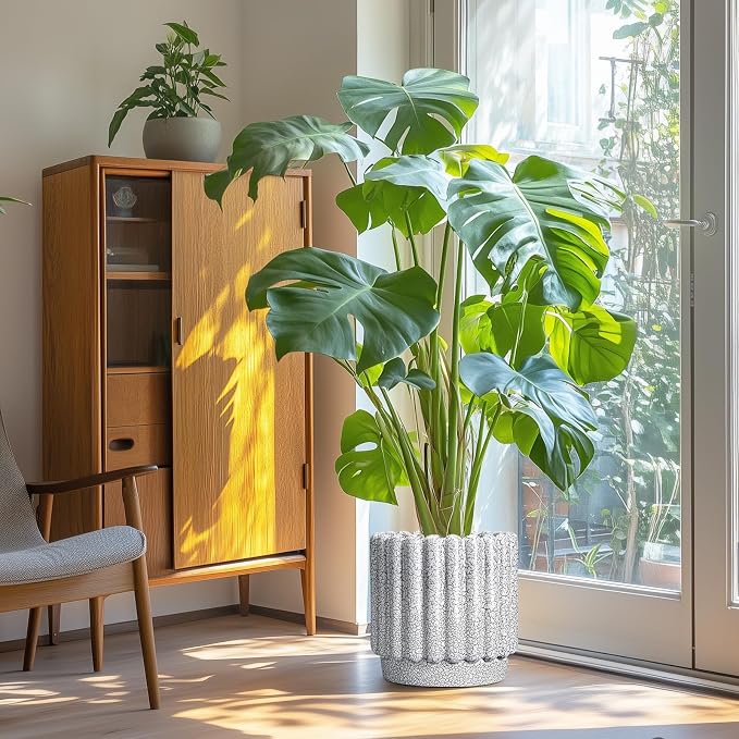 Ceramicfor Ceramic Planter, 12 Inch, Black and White | Indoor Plants, Drainage Hole, Fluted Round Design, Indoor & Outdoor Use