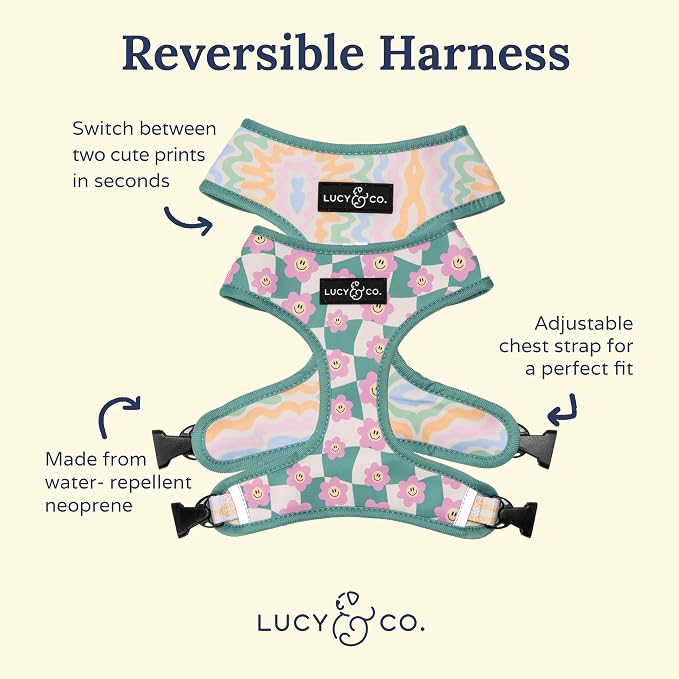 Lucy & Co. Reversible Dog Harness - Water-Repellent Neoprene, Dual-Print Design, Easy Swap Style, Adjustable Comfort Fit - Just Chill Reversible Harness - Medium