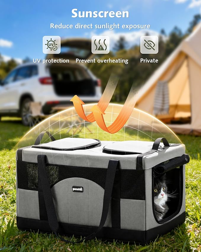 Pecute Cat Carrier, Soft Double Pet Crate for 2 Cats Travel, Gray | 5mm Anti-collapse Frame, Convertible Dual Space, Foldable, Polyester Breathable mesh, Up to 26 lbs, Car Travel & Vet Visits