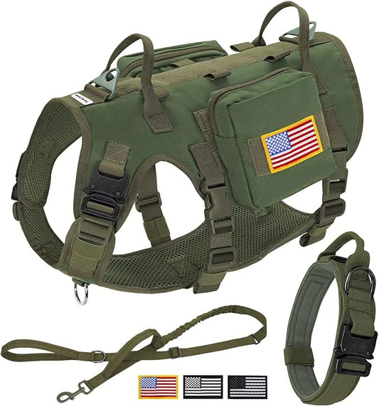 Forestpaw Tactical Dog Harness Tactical Dog Collar with Bungee Leash Set,No Pull Military Dog Harness for Walking Training,Adjustable for Medium Dogs,Green,Chest 17-25"
