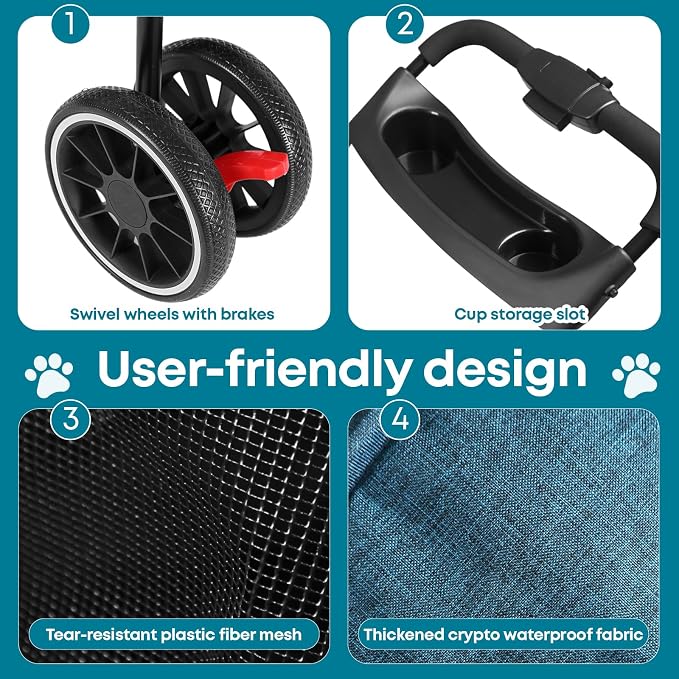 Pet Stroller,Dog Stroller for Small Medium Dogs Cats,3 Wheels,Green | Foldable,with Breathable Mesh Canopy,Cup Holders,Easy Assembly