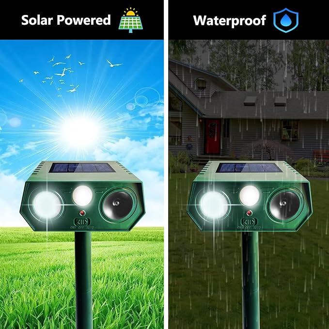 2 Pack 2025 Solar Ultrasonic Animal Repellent Outdoor, Cat Deterrent Deer Repeller with Motion Detection Flash Light for Dog Cat Deer Bird Rabbit Skunk Raccoon Coyote Woodpecker Squirrel, Safe for Pet