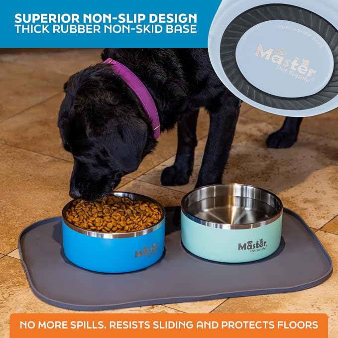 Master Pet Supply Stainless Steel Dog Bowls - 64 oz, Heavy Duty - Glacier Blue, Double Wall Extra-Thick Insulated, Non-Slip Pet Water Bowl for Dogs, Cats & Pets, Anti Rust Metal, Dish Washer Safe
