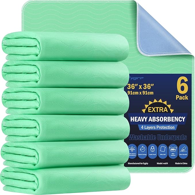 6 Pack 36” x 36” Extra Heavy Absorbency Washable Underpads Bed Pads | WaterProof Quick Drying Nursing Pads Incontinence, Reusable Washable Pee Pads for Dogs, Diaper Changing & Adults