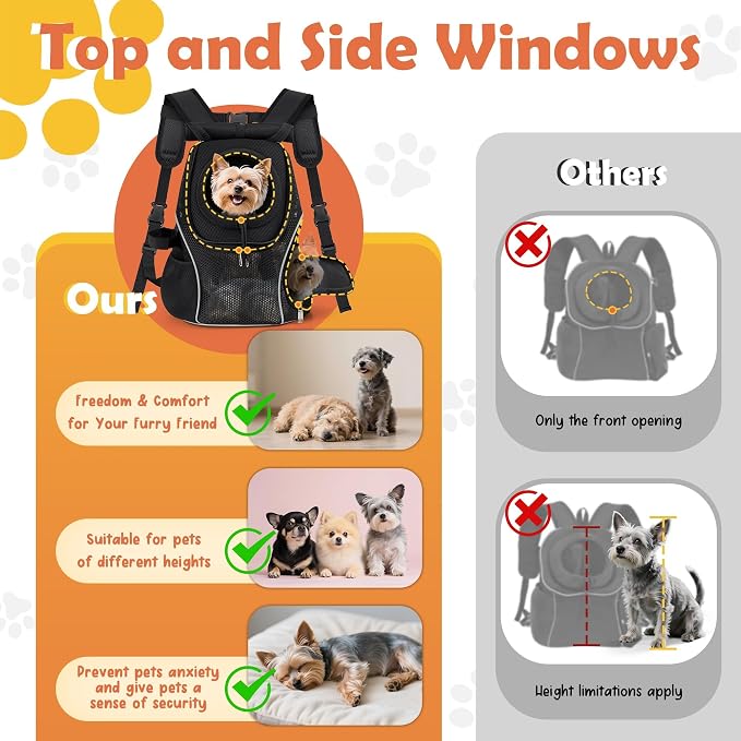 WOYYHO Pet Dog Carrier Backpack with Windows, Ventilated Small Dog Backpack | Breathable Top & Side Windows, Safety Belt, Storage Pockets, Small Dog Front Backpack, for Travel Hiking Outdoor, Black2.0, M