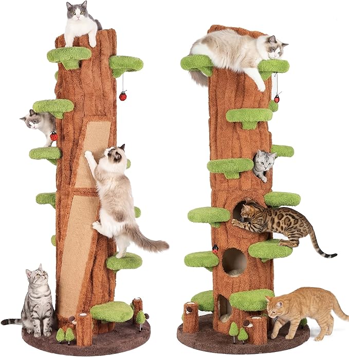 2-Pack 90.5" Tall Cat Tree for Indoor Cats, KAMABOKO Multi-Level Tall Cat Tower with Sisal-Covered Scratching Posts, Plush Perches, Hanging Toys & Spring Toys, Large Kitty Condo with Jumping Platforms