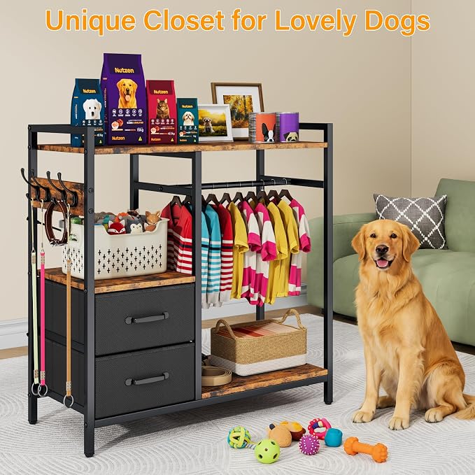 kepptory Dog Closet with Drawers & 4 Hooks, Freestanding Pet Garment Rack for Dog Clothes & Cat Accessories, Pet Supply Storage Organizer, Metal Frame Industrial Style