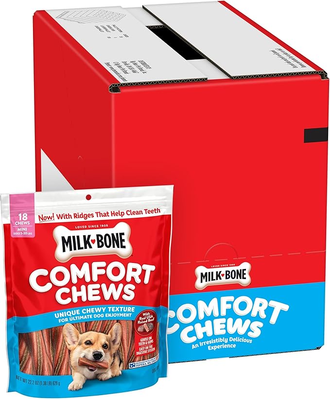 Milk-Bone Mini Comfort Chews, Chewy Texture and Real Beef, 18 Mini Chews (Pack of 4)