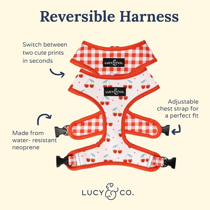 Lucy & Co. Reversible Dog Harness - Water-Repellent Neoprene, Dual-Print Design, Easy Swap Style, Adjustable Comfort Fit - Cheery Cherries Reversible Harness - Large