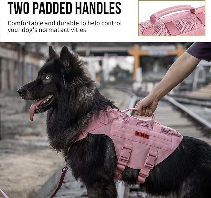OneTigris Tactical Dog Harness for Small Dog, No Pull Small Dog Vest Harness with Handles Breathable Military Molle Vests for Walking Hiking Training (Pink, Large)