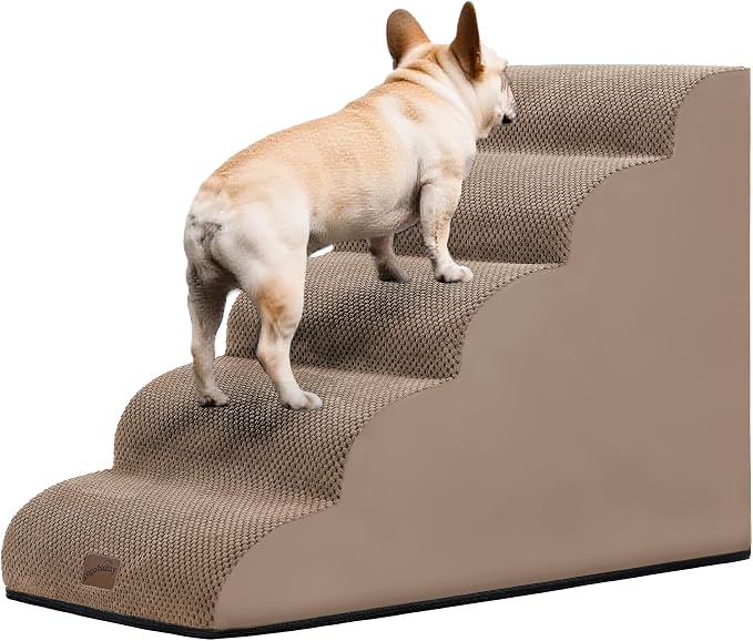 GoGoBunny Ramp Dog Stairs for High Beds 22.6" H, 5-Step Dog Slope Stairs with Durable Waterproof Fabric Cover, Pet Steps for Old Large Dogs Climbing, Non-Slip Sturdy Indoor Step, Camel