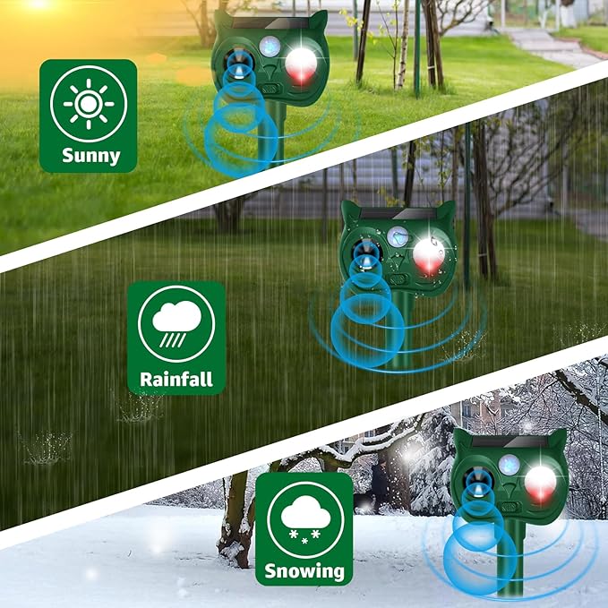 Solar Ultrasonic Animal Repellent Outdoor Motion Sensor Deer Repellent Devices Squirrel Cat Raccoon Rabbit Deterrent with Strobe Light Dual Mode, Keep Skunk Away Protection for Yard Garden Lawn 2PCS
