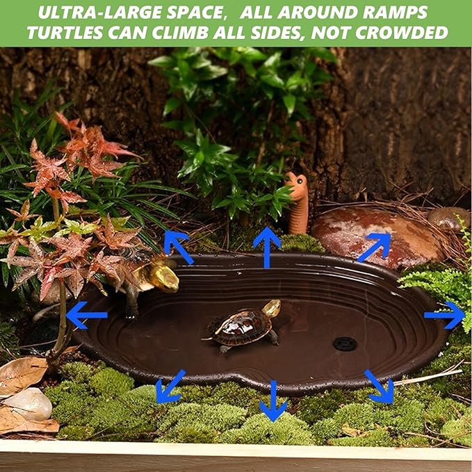 3PCS Tortoise Water Bowl with Ramp Leaf Tortoise Water Food Dish Turtle Pool Tortoise Bathing Pool Reptile Water Dish Large Soaking Dish Box Turtle Habitat Accessories (with Drainage Pipe)