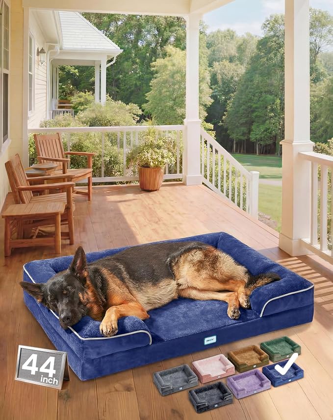 OhGeni Orthopedic Extra Large Dog Bed Couch, Memory Foam, 44-inch (Blue) | Waterproof Pet Bed with Machine-Washable Removable Cover & Soft Comfortable Fabric