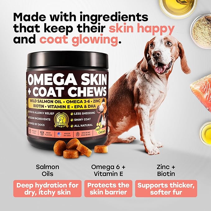 Omega 3 & 6 Dog Skin & Coat Chews – Wild Salmon Oil, Biotin, Zinc & Vitamin E – Supports Dry Itchy Skin, Shedding & Healthy Coat – PhD-Endorsed, Made in USA, 140 Chews, Salmon Flavor