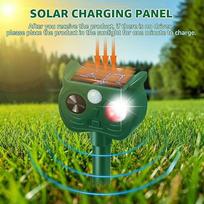 Solar Ultrasonic Animal Repellent Outdoor Motion Sensor Deer Repellent Devices Squirrel Cat Raccoon Rabbit Deterrent with Strobe Light Dual Mode, Keep Skunk Away Protection for Yard Garden Lawn 2PCS