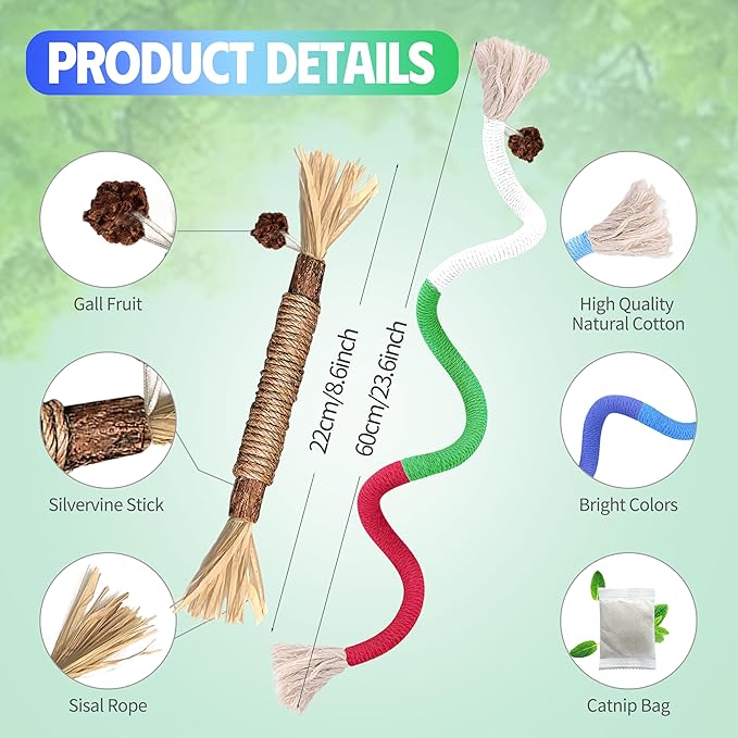 GBSYU Cat Toys Chew Rope & Silvervine Sticks for Bored Indoor Adult Cats, 2Pcs Interactive Catnip Toys for Cats with Refillable Natural Catnip Bag for Teeth Cleaning