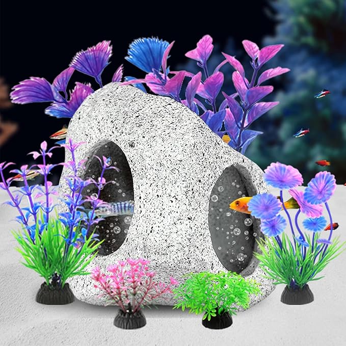 Fish Tank Decorations Set, Aquarium Decor Hideaway Rock Cave x 1pc, Decor Accessories Aquatic Plants x 6pcs.