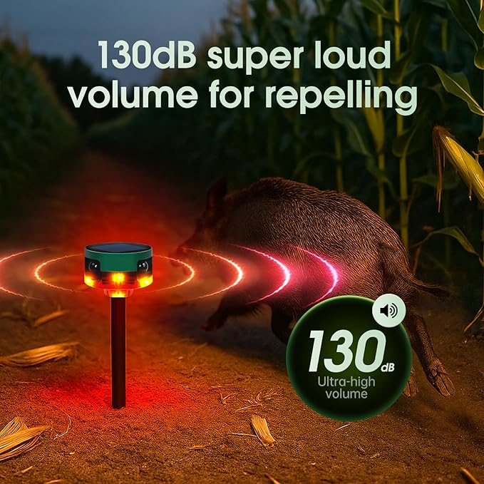 Solar Outdoor Motion Sensor Alarm, 130dB Dog Barking & Gunshot Sound, 13 Sounds, Strobe Light, Support Recording & Volume Control, Keeps Unwanted Animals Away from Yard, Garden, or Farm
