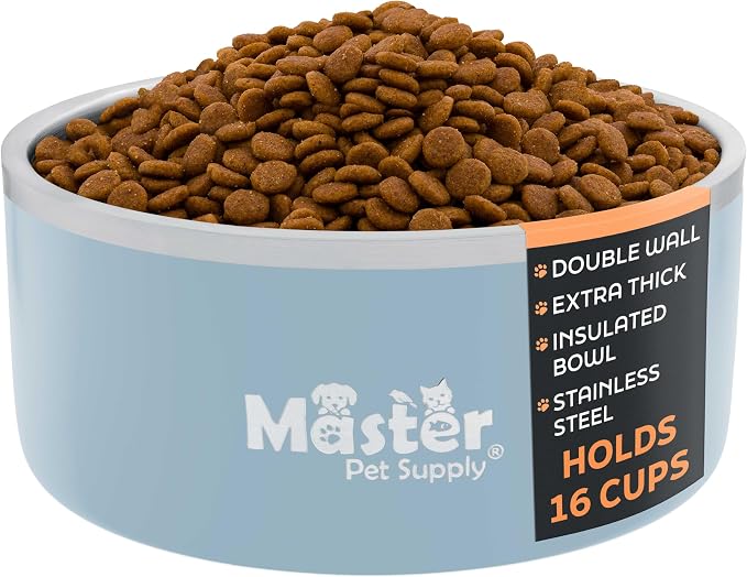 Master Pet Supply Stainless Steel Dog Bowls - 128 oz, Heavy Duty - Glacier Blue, Double Wall Extra-Thick Insulated, Non-Slip Pet Water Bowl for Dogs, Cats & Pets, Anti Rust Metal, Dish Washer Safe