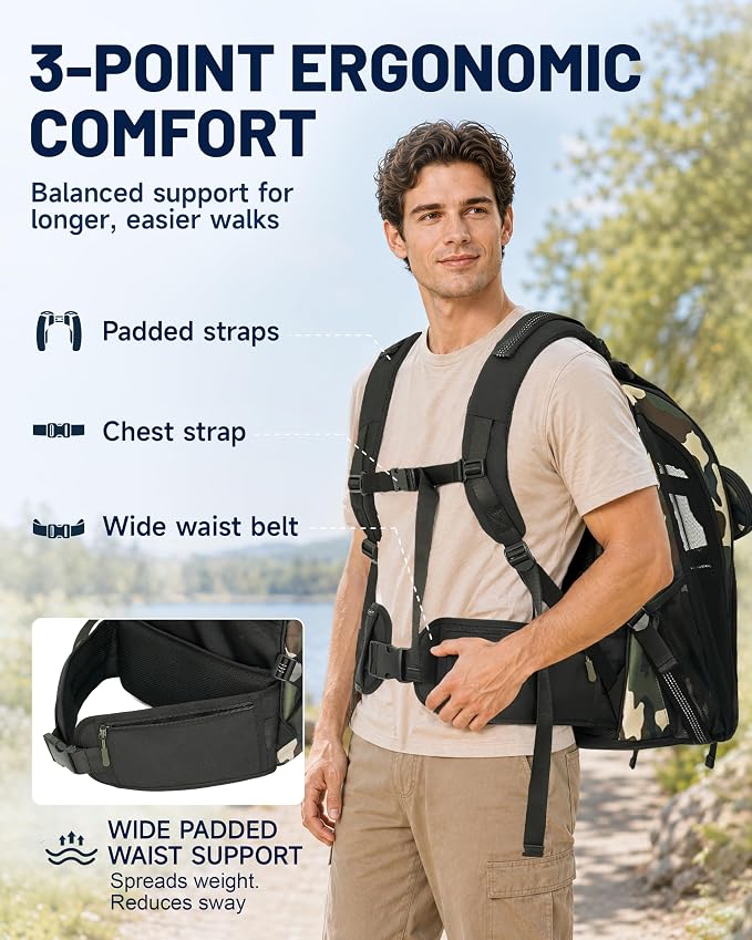 Dog Backpack Carrier with Ergonomic Support, Padded Straps and Ventilation, Hiking Pet Backpack with Safety Tethers, Reflective Trim and Waist Support, Up to 22lbs
