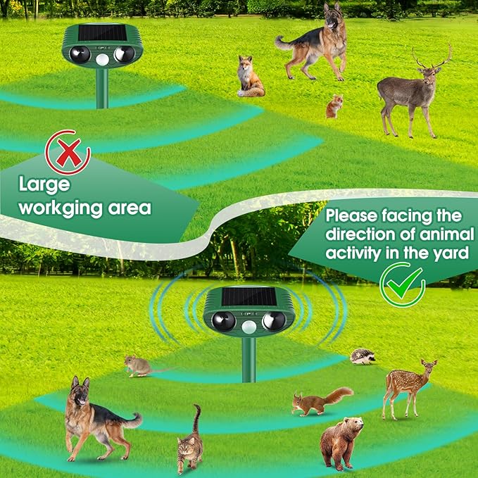 Cat Repellent Outdoor,2 Pack Solar Animal Repeller Ultrasonic Cat Deterrent with PIR Motion Sensor Waterproof Pest Repeller Animal Deterrent for Garden Yard Cats, Dogs,Skunks,Raccoon Birds Squirrels