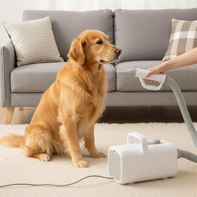 NEWBULIG Dog Hair Dryer with Heater for Grooming, Temperature Adjustable | 1550W High Velocity Speed Pet Blow Dryer with 4 Nozzles, White