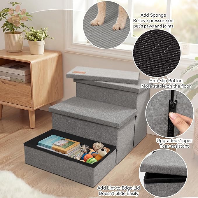 Zerbuger Dog Stairs with Storage, Small Grey 3 Steps Dog Ramp no Condo | 18" H Wider Dog Steps for High Beds Couch, Folding Storage Pet Stairs Gift for Climbing Small/Medium/Large Old Dogs Cats