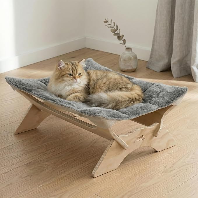 JSPYFITS Elevated Cat Bed Hammock, Raised Cat Bed with Dual-Sided Plush & Linen Cushion, Machine Washable & Breathable Cover Tool Free Easy Assembly, up to 66Lbs (Gray)