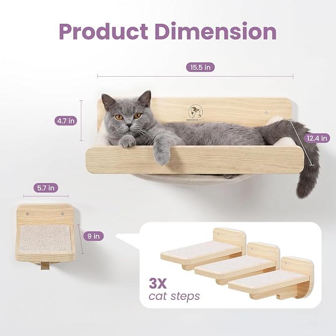 Cat Wall Shelves - Wall Mounted Cat Shelves with Feeding Station | Natural Wood Finish, Solid Pinewood, Beige Carpet, Supports Up to 33 lbs, Stainless Bowls, Dog-proof, Lounging, Climbing