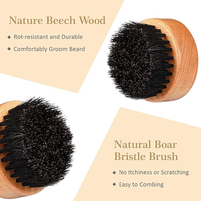 10 Sets Men's Beard Grooming Kit: Natural Boar Bristle Brush, Pear Wood Dual-Sided Wide Tooth Comb, Travel Pouch - Perfect Valentine Gift (Circle) | Natural Boar Bristle Brush, Pear Wood Dual -Sided Wide Tooth Comb, with Travel Pouch - Christmas Father...