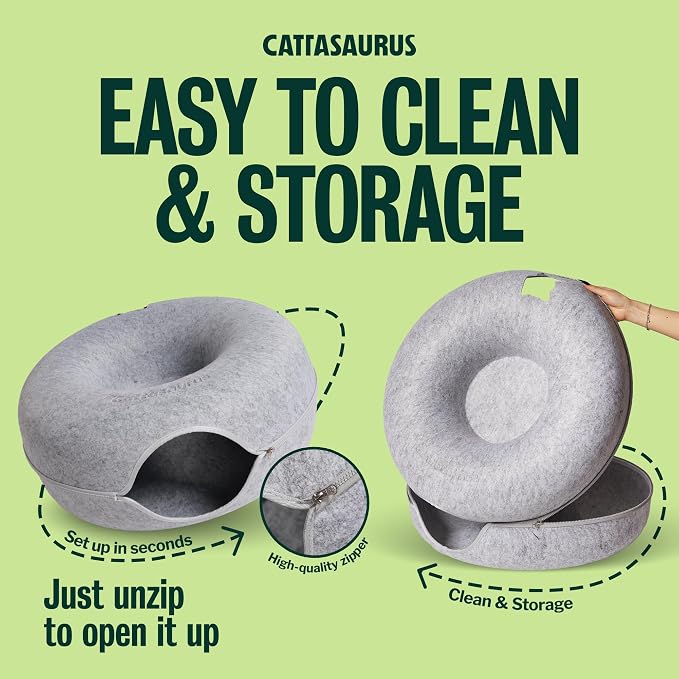 Peekaboo Cat Cave Donut for Multiple & Large Cats up to 30-45 lbs, 3-in-1 Self Warming Cat Bed, Tunnel & Scratcher for Indoor Cats, Washable & Detachable Small Dog Bed (Light Gray, Large)
