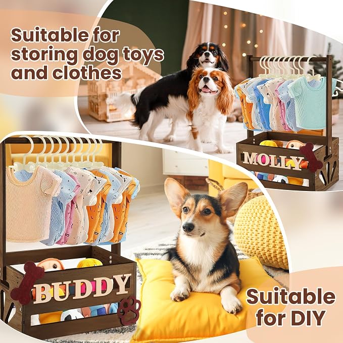 Teenyyou 20 x 13 x 9 Wooden Dog Closet Pet Wardrobe Crate Box with Hanging Rods and Personalized Alphabet Letters Easy Assembly Baskets for Dog Cat Toys Clothes Accessories(Dark Walnut)