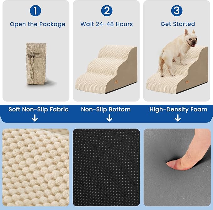 Dog Stairs for Small Dogs and Cats,Non-Slip 3 Step Pet Ramp for Couch,Khaki | High-Density Foam Support with a Gentle 3-Step Design for Easy, Comfortable Access to Couches and Sofas