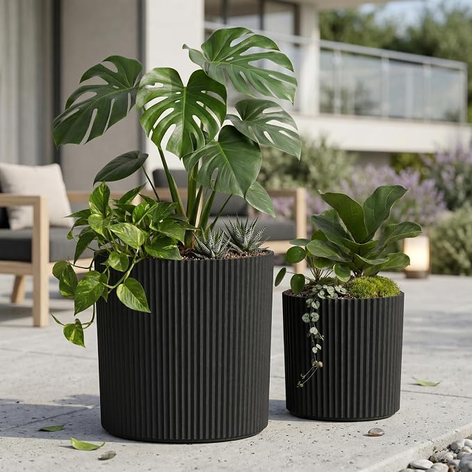 Mayne Haven Set of 2 (10in and 14in) Fluted Planter, Round Planters for Outdoor Plants, Lightweight Concrete Look Plant Pots for Porch, Patio, Garden and Entryway Décor, Black