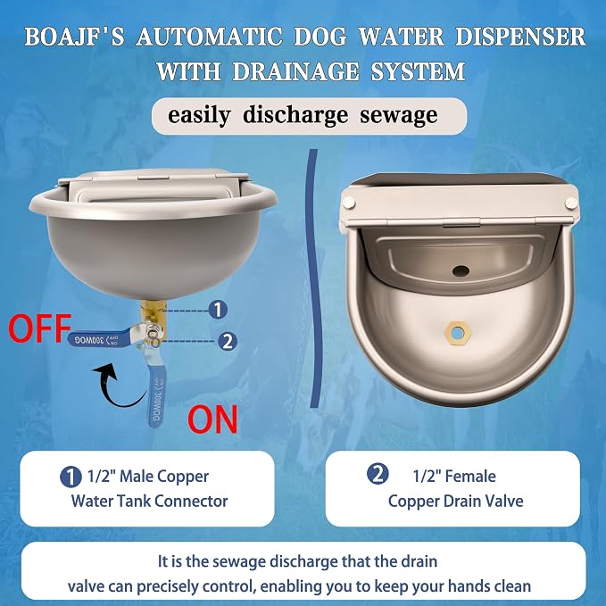 Automatic Dog Water Dispenser with Drain Hole & Drain Valve, Stainless Steel Auto Dog Water Bowl with 2 Float Valves, Hose Quick Connect Fitting, for Livestock, Chicken, Horse (1 Gallon)